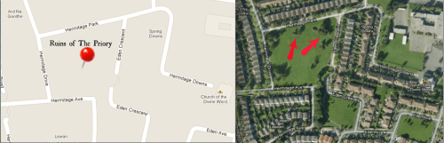 Map showing location of The Priory ruins in the Hermitage house estate, Rathfarnham