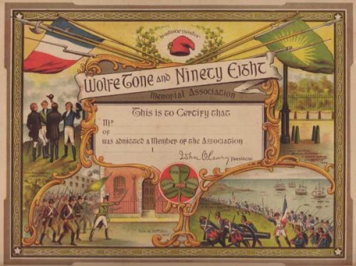 A certificate associated with the 1898 centenary. Notice the French tricolour appears alongside the harp of Ireland. (Image credit: http://www.liveauctioneers.com)