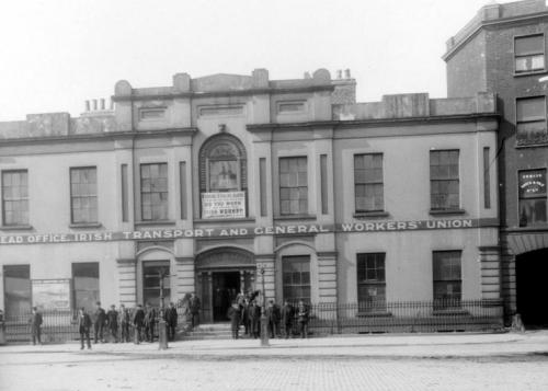 Liberty Hall. Notice the advertisement for the newspaper of the union on the front of the building.