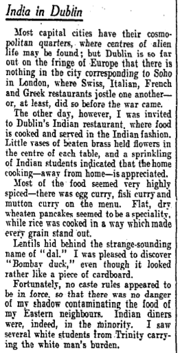 A short review of what we know is the Leeson St. Indian restaurant. The Irish Times, 17 August 1940.