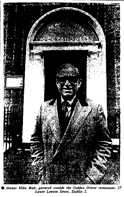 Mike Butt pictured outside the Golden Orient. The Irish Times, 21 March 1986.