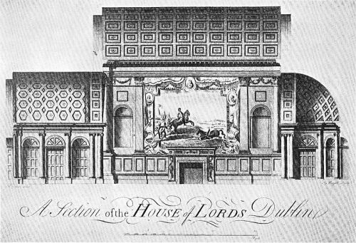 "Sectional engraving of the Irish House of Lords by Peter Mazell based on the drawing by Rowland Omer, 1767." (Wiki)