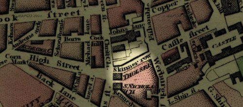 The location of the Tholsel historically in Dublin. From 1798 map of Dublin. Credit: http://dublin1798.com/