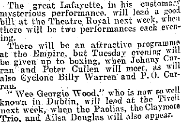 June 1910 advertisement for a boxing match featuring the Cyclone.