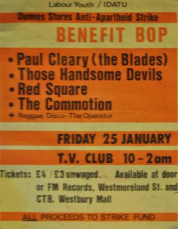 One of several Anti-Apartheid/Dunnes Strike benefit gigs Paul played. January 1985. Scanned by Shay Ryan.