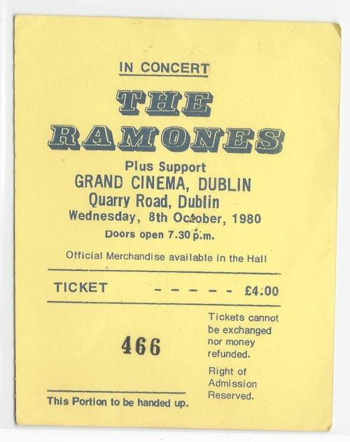 Ticket to the Ramones gig. Uploaded to the brilliant Facebook page 'Classic Dublin Gigs' by James Aquafredda Sr.