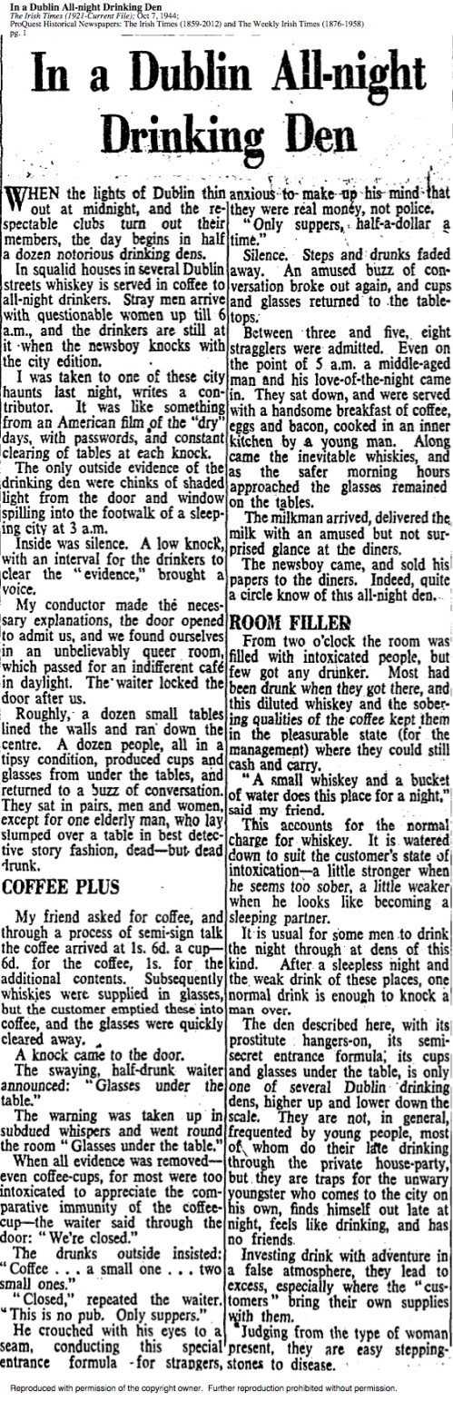 'In a Dublin All-night Drinking Den'. The Irish Times, 7 Oct 1944.