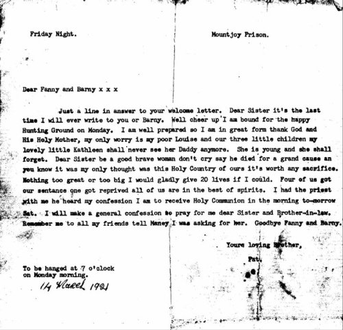 Letter from Patrick Doyle to his sisters a few days before his execution. Credit - ailishm49.