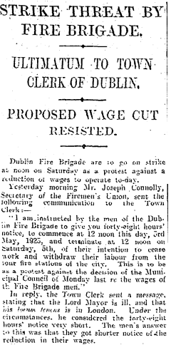 A 1923 Irish Times newspaper report on an industrial dispute involving the Dublin Fire Brigade mentions Joe Connolly as the representative for the men.