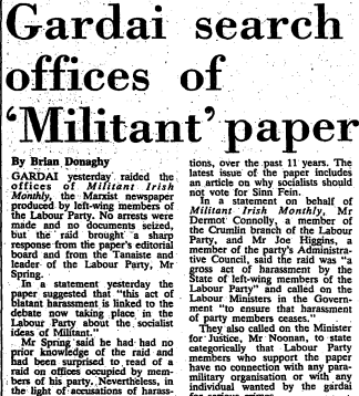 Irish Times report of 1984 raid on the offices of Militant.