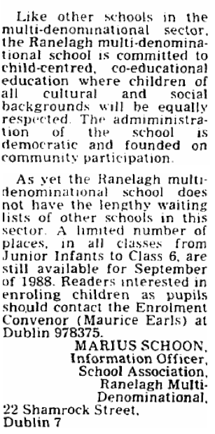 Letter titled 'A School Where All Welcome' to Irish Independent (27 June 1988)