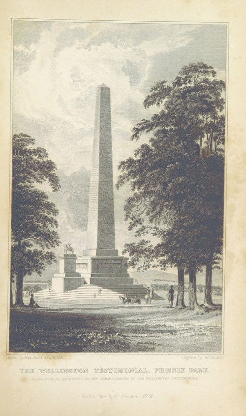 1837 illustration of the Wellington obelisk in the Phoenix Park.  This isn't quite true to life - it includes the planned statue to  Wellington that was never added to the monument. (Image: British Library)