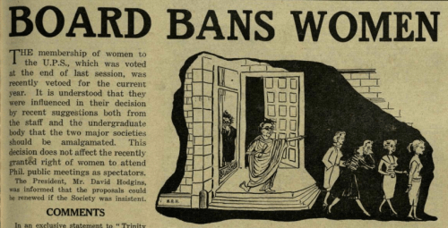 A 1955 'Trinity News' headline reporting on the banning of women from societies in Trinity College ( www.trinitynewsarchive.ie )