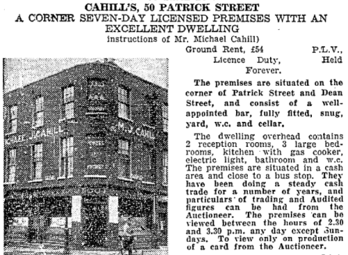An advertisement for the sale of Cahill's. Credit - Irish Independent - 28 April 1945.
