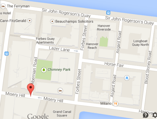 Google Maps showing the location of Misery Hill in Dublin's docklands.
