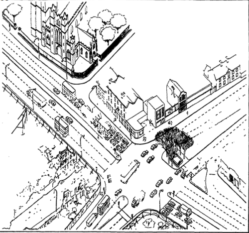 Architect Robert McCauley's drawings for the cross-roads after Dublin Corporation's major development plans. Credit - Irish Times (5 June 1986).