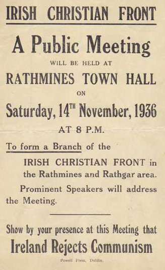 Poster for a Rathmines meeting of the Irish Christian Front, via Irish Election Literature (www.irishelectionliterature.wordpress.com)