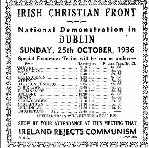 Advertisements like this one were placed in rural newspapers, encouraging people to travel to Dublin for the I.C.F's national demonstration in October 1936.