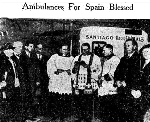 Ambulances which were sent to Spain were first blessed by members of the clergy in Dublin. This image from February 1937 shows the blessing of three ambulances.