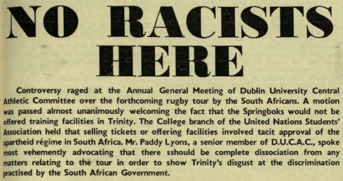 Trinity News, student newspaper at Trinity College Dublin, comments on the decision not to allow the Springboks to train on-campus (Via: Trinity News Archive)