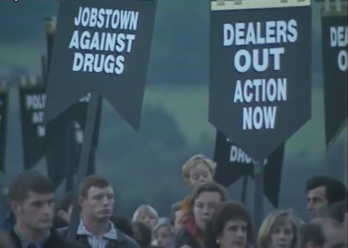 Still from news report showing an anti-drugs march in Tallaght.