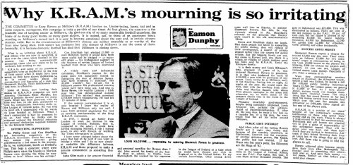 Eamon Dunphy's take on KRAM. (Sunday Independent, 10 May 1987.)