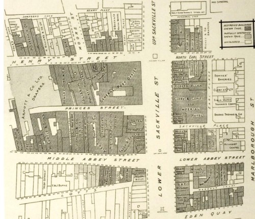 The General Post Office area as shown on a map issued by the Hibernian Fire and General Insurance Company shortly after the Rising. (O’Mahony Collection) (Image Credit: National Library of Ireland, http://www.nli.ie/1916/pdf/7.2.pdf)