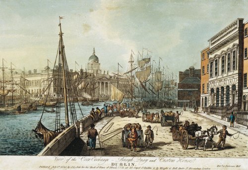 The Custom House viewed in 1820 from Burgh Quay showing the Corn Exchange on Burgh Quay and ships moored along the quays. Engraved by Henry Brocas. Credit - magnoliasoft.net