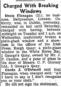 White Horse Bar windows smashed. The Irish Press - 13 June 1946.