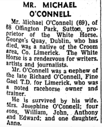 Michael O'Connel obit. The Irish Press - 10 March 1970.