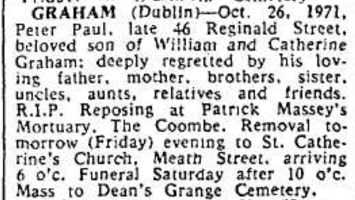 Death notice of Peter Graham. The Iris Times, 28 Oct 1971.