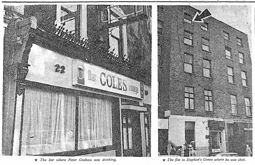 Photographs showing the flat where Peter was killed and the pub in which he drank in that evening. The Sunday Independent, 31 October 1971